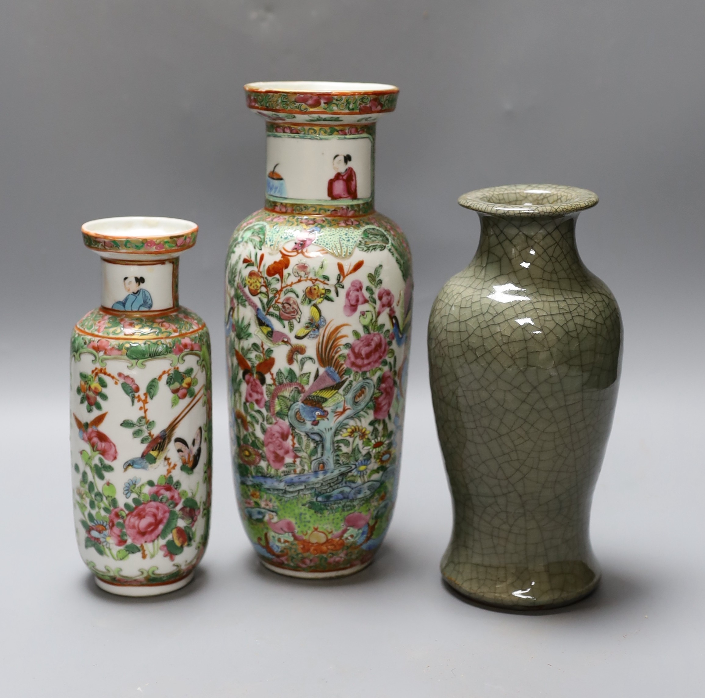 Two Chinese famille rose vases and a Celadon crackle glazed vase, 19th-century and later, tallest 25 cm